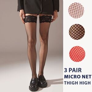 NWT 3 Pair Red, White, Black Micro-Net Lace Top Thigh High Stockings